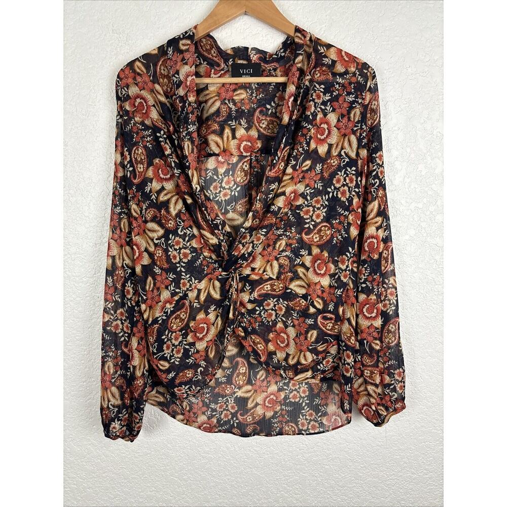 Vici‎ Womens Blouse Small Floral Brown Blue Boho Earth Tones Sheer Office Career
